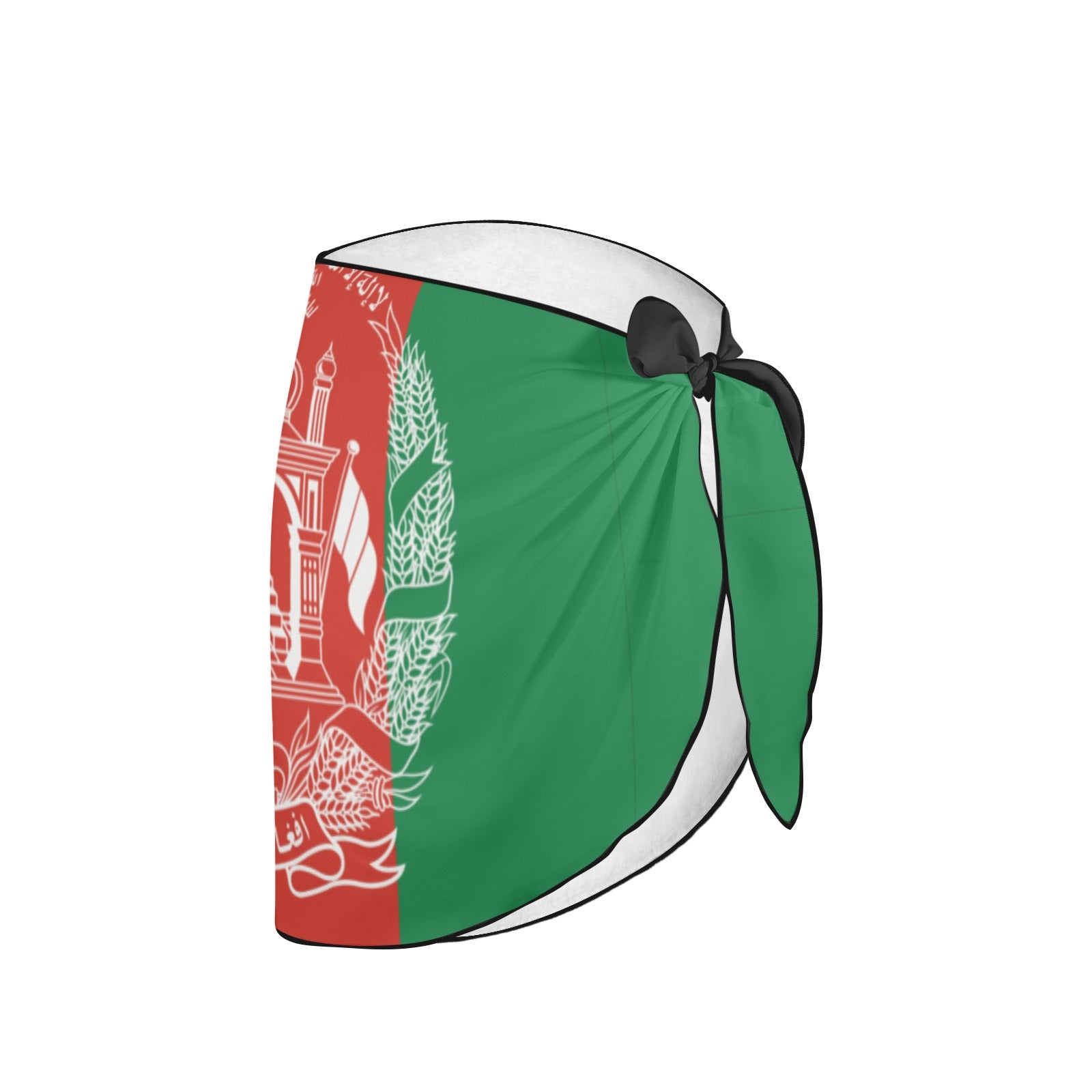 [Brand] sarong with Afghanistan flag design, side bow detail.