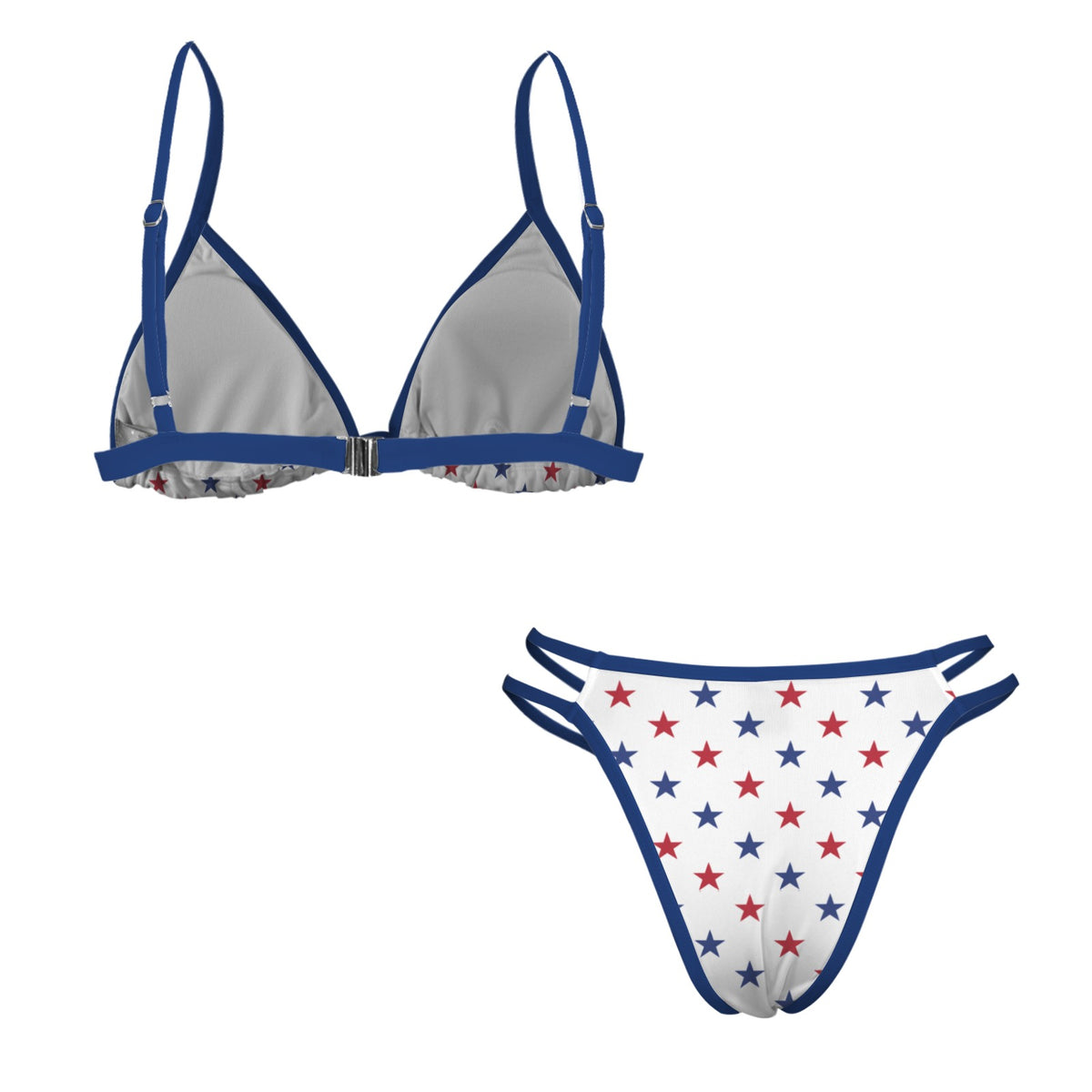 USA/American Flag Inspired Red and Blue Stars w/Blue String Double-Strap Triangle Bikini Set
