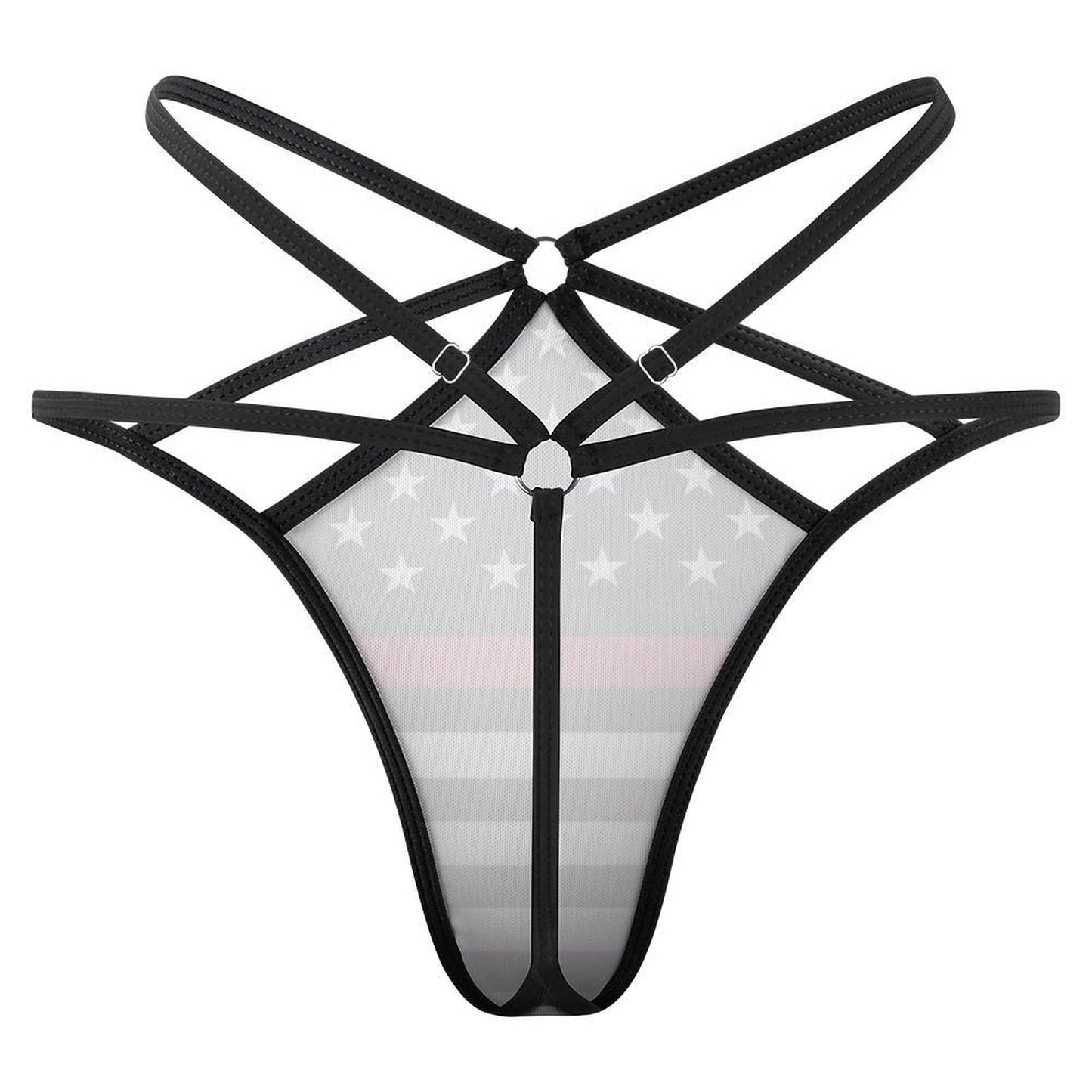 [Brand] black strappy harness lingerie with American flag design.