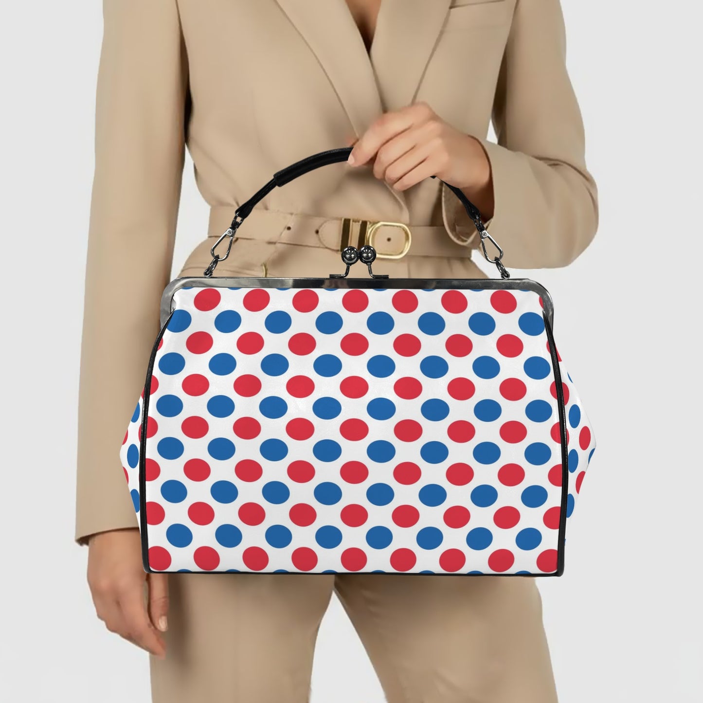 USA/American Flag Inspired Polka Dot Pattern Kisslock Crossbody Shoulder Bag-Large