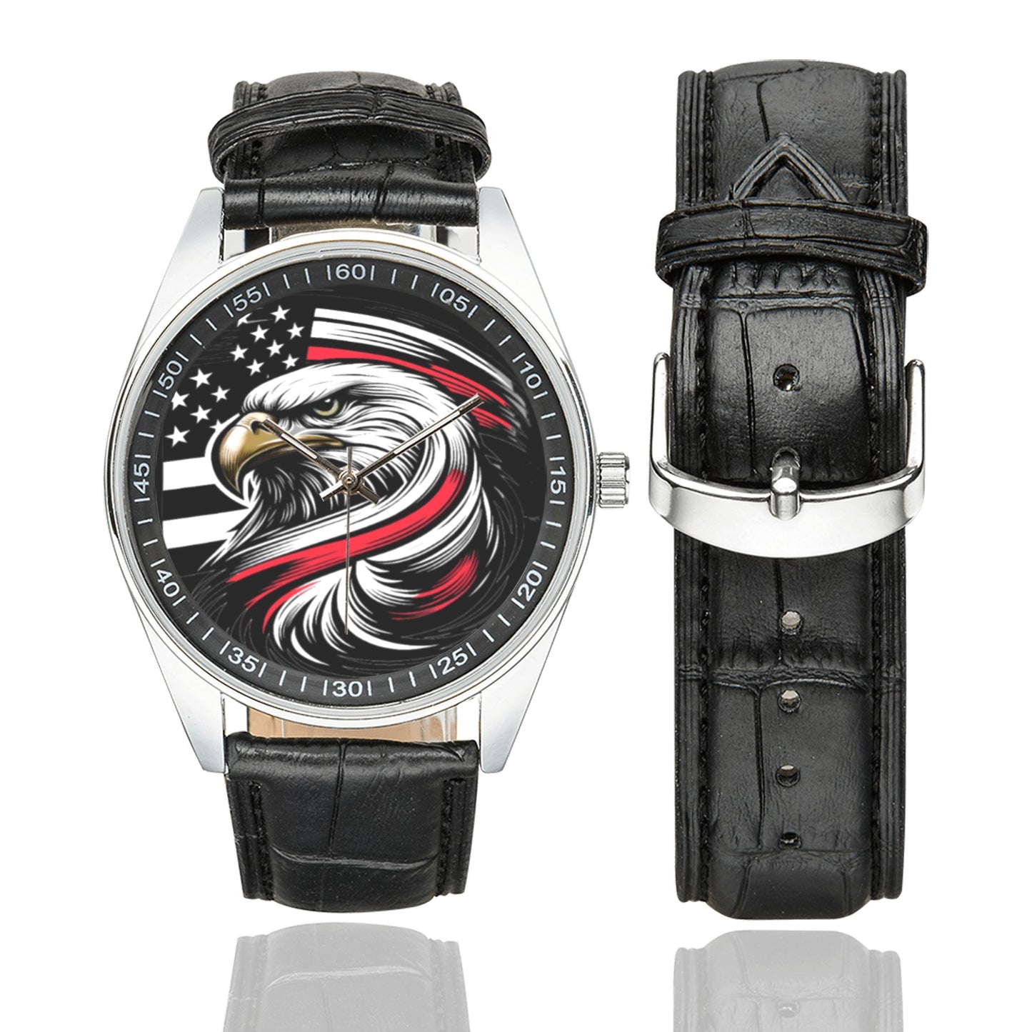 Thin Red Line Flag Eagle Men's Casual  Leather Strap Watch