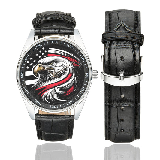 Thin Red Line Flag Eagle Men's Casual  Leather Strap Watch