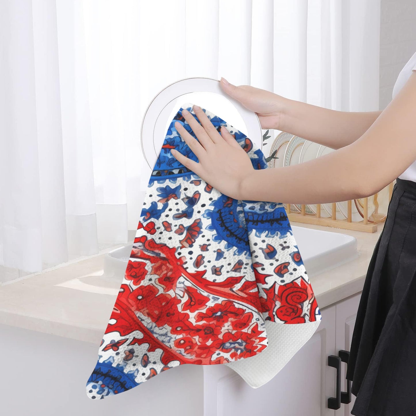 USA/American Flag Inspired Red, White & Blue Floral Paisley Pattern Kitchen Towel 40X60cm (Pack of 2) (Made in the USA)