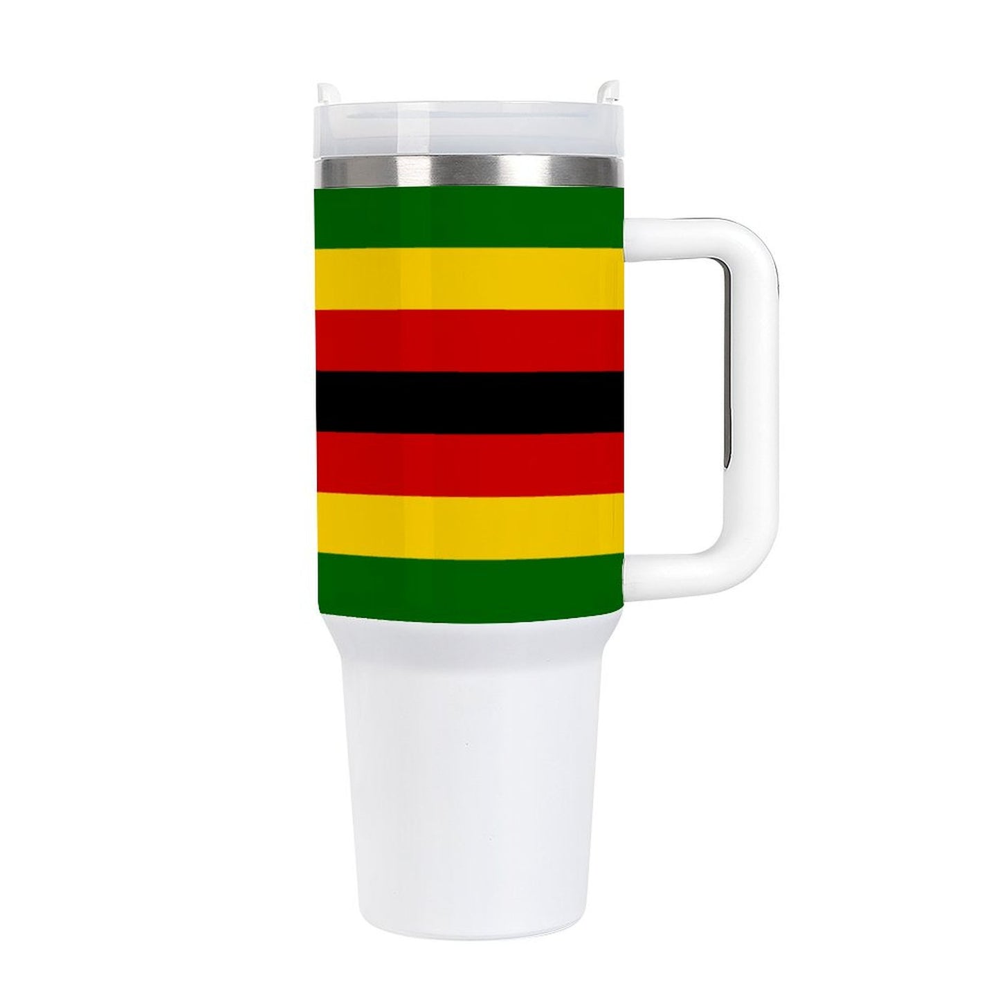 [Brand] travel mug with colorful horizontal stripes and handle.