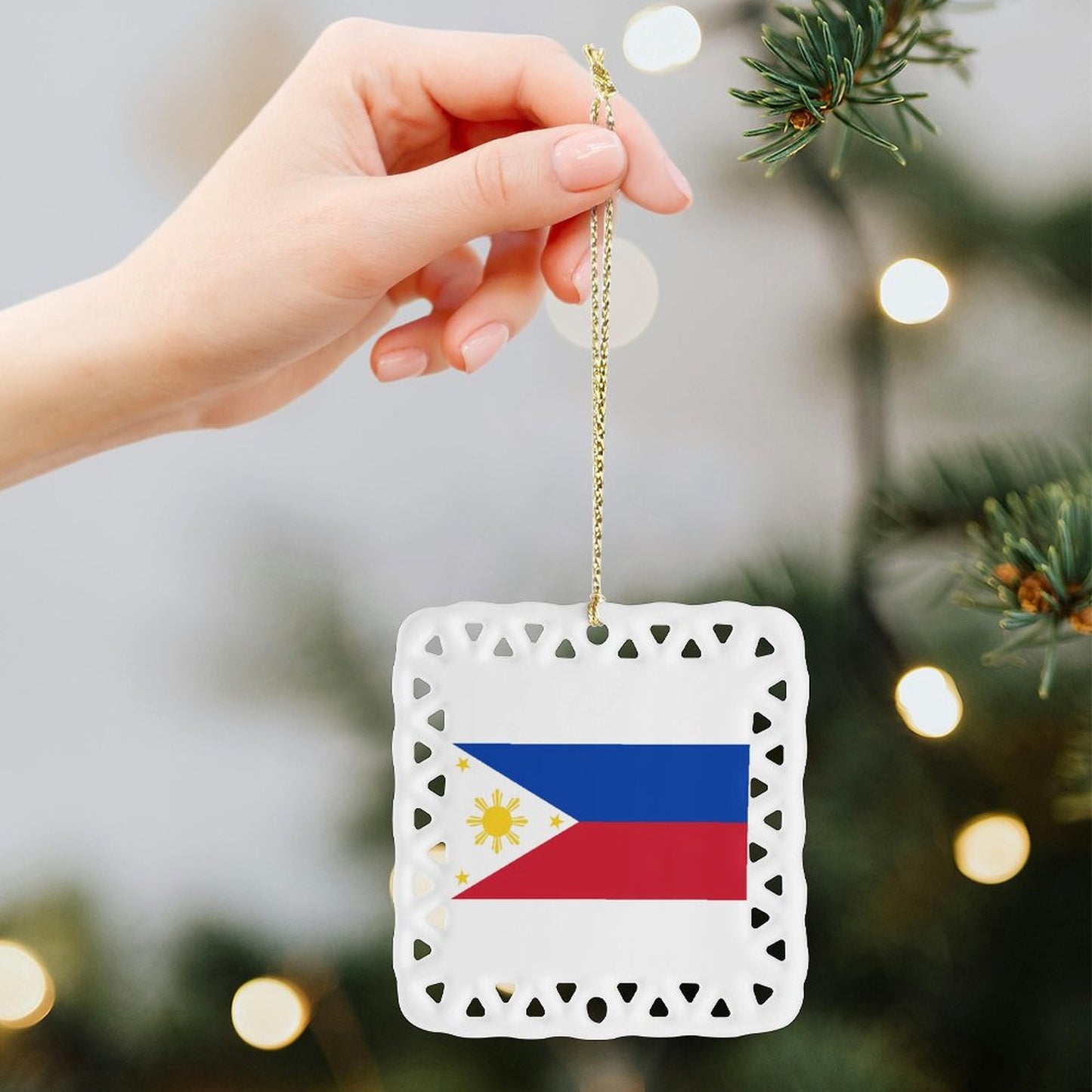Philippines Flag Inspired Square Ceramic Ornament Made in the USA