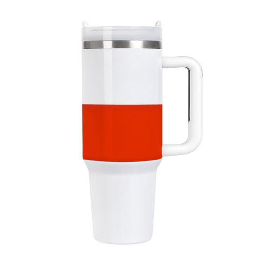 White and red travel mug with handle, by [Brand].