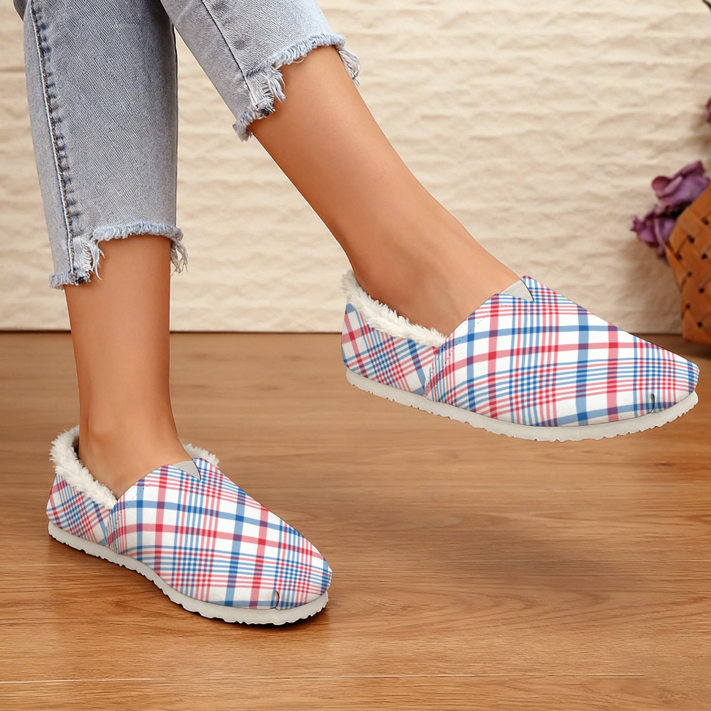 USA/American Flag Inspired Plaid Pattern Women's Fleece-Lined Canvas Slip-On