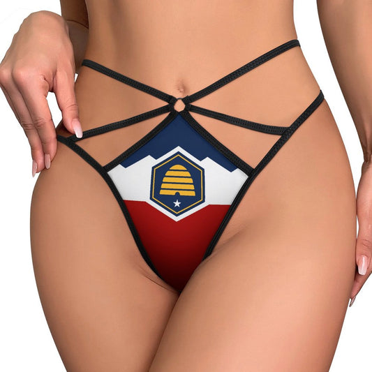[Brand] patriotic-themed lingerie with beehive design and straps.