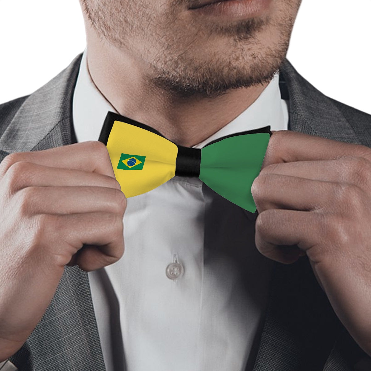 Man wearing [Brand] bow tie with Brazil flag design.