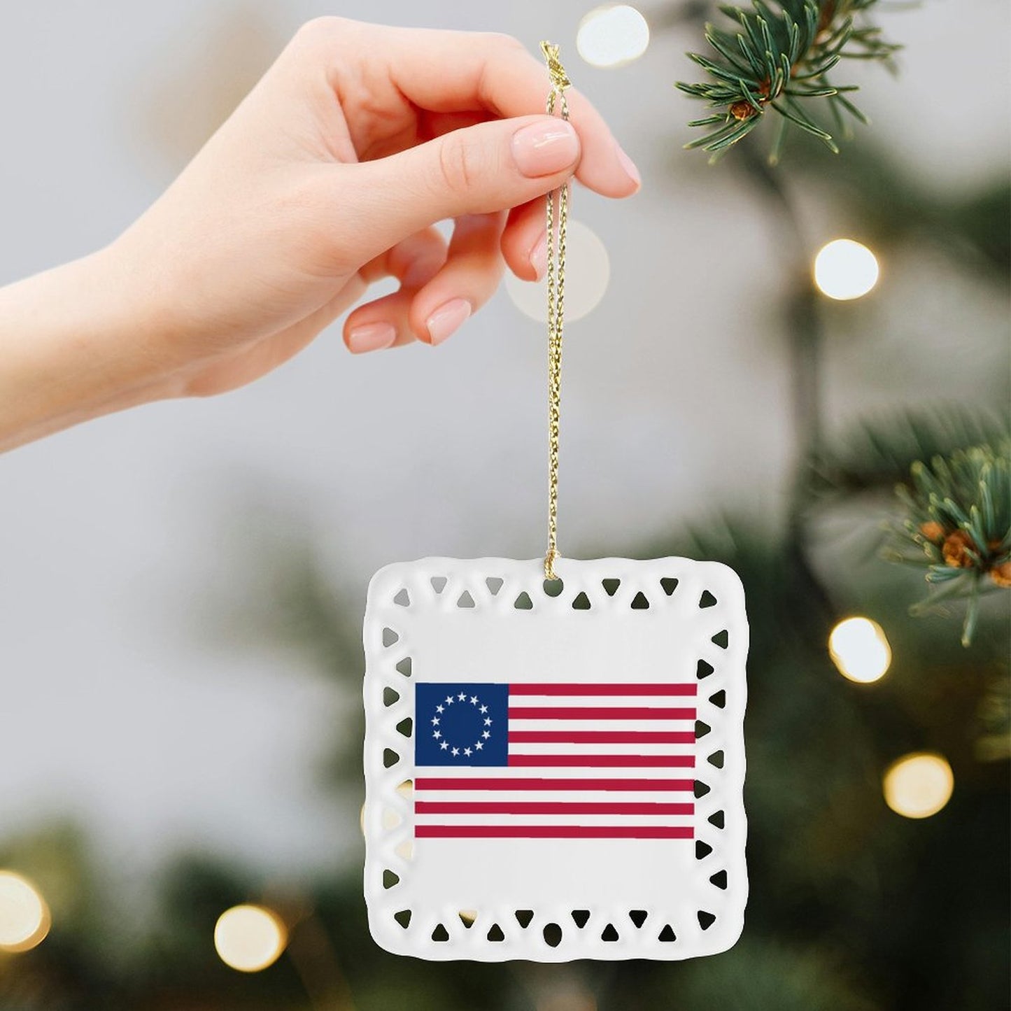 USA/American Betsy Ross Flag Inspired Square Ceramic Ornament Made in the USA