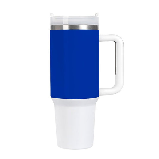 [Brand] blue travel mug with white handle and base.