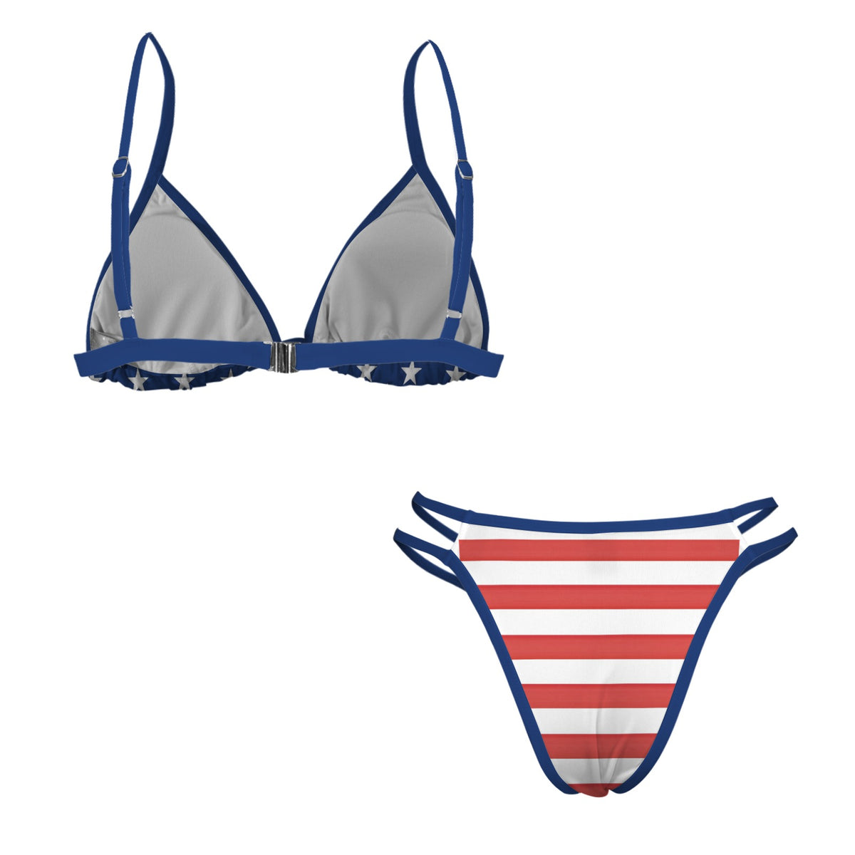 USA/American Flag Inspired Stars Top/Stripes Bottom w/Blue String Double-Strap Triangle Bikini Set