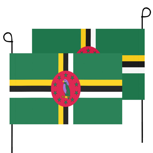 Two Luv My Flag Dominica flags with black poles.