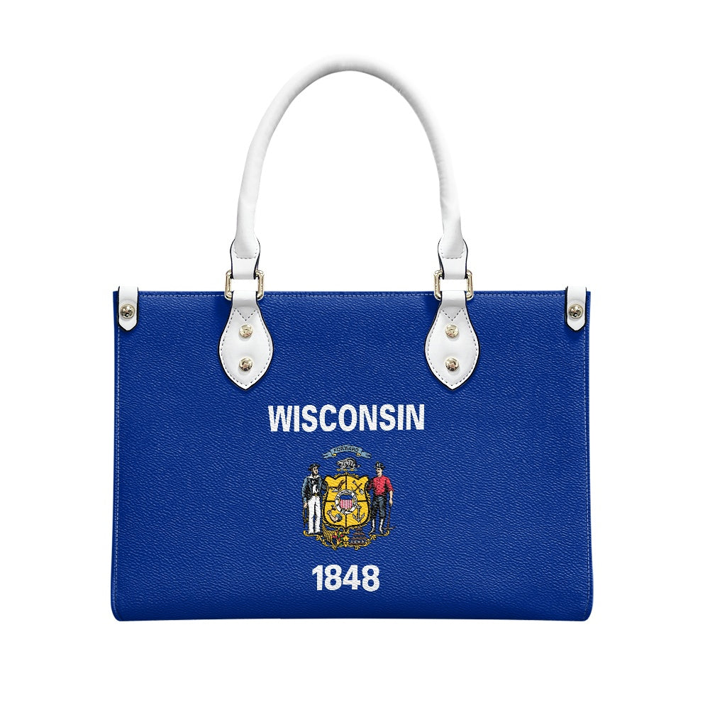 Blue [Brand] handbag featuring Wisconsin state emblem and text.