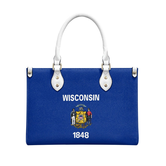 Blue [Brand] handbag featuring Wisconsin state emblem and text.