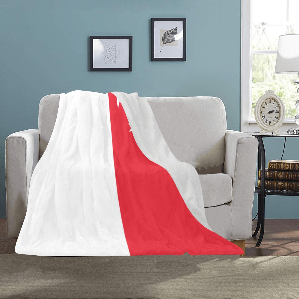 Cozy [Luv My Flag] blanket draped over a sofa.