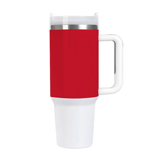 Red and white travel mug with handle, from [Brand].