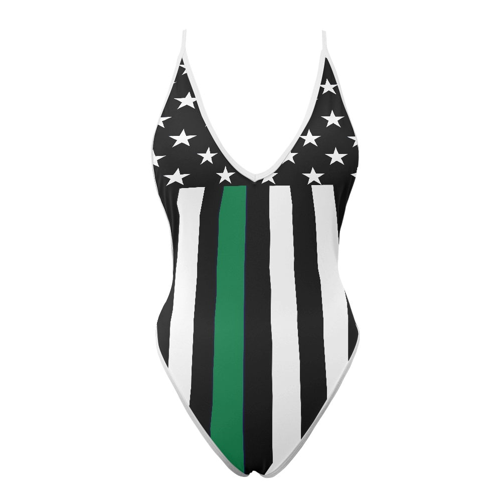 Thin Green Line Flag Inspired One-Piece Thong Swimsuit