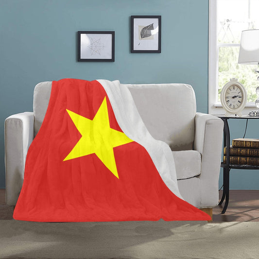 Cozy sofa with Luv My Flag Vietnam blanket displayed.
