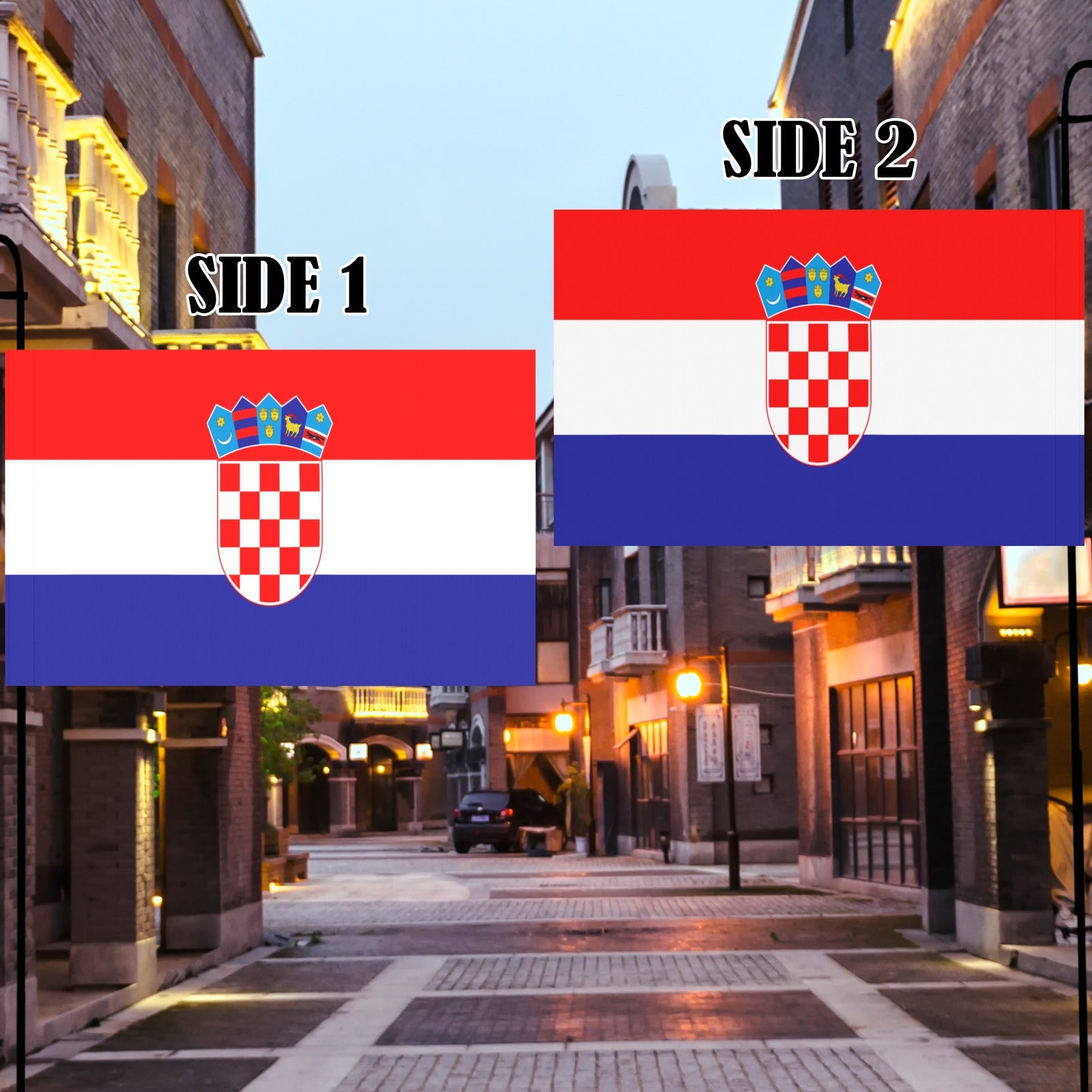 Luv My Flag showcases double-sided Croatian flags in street.