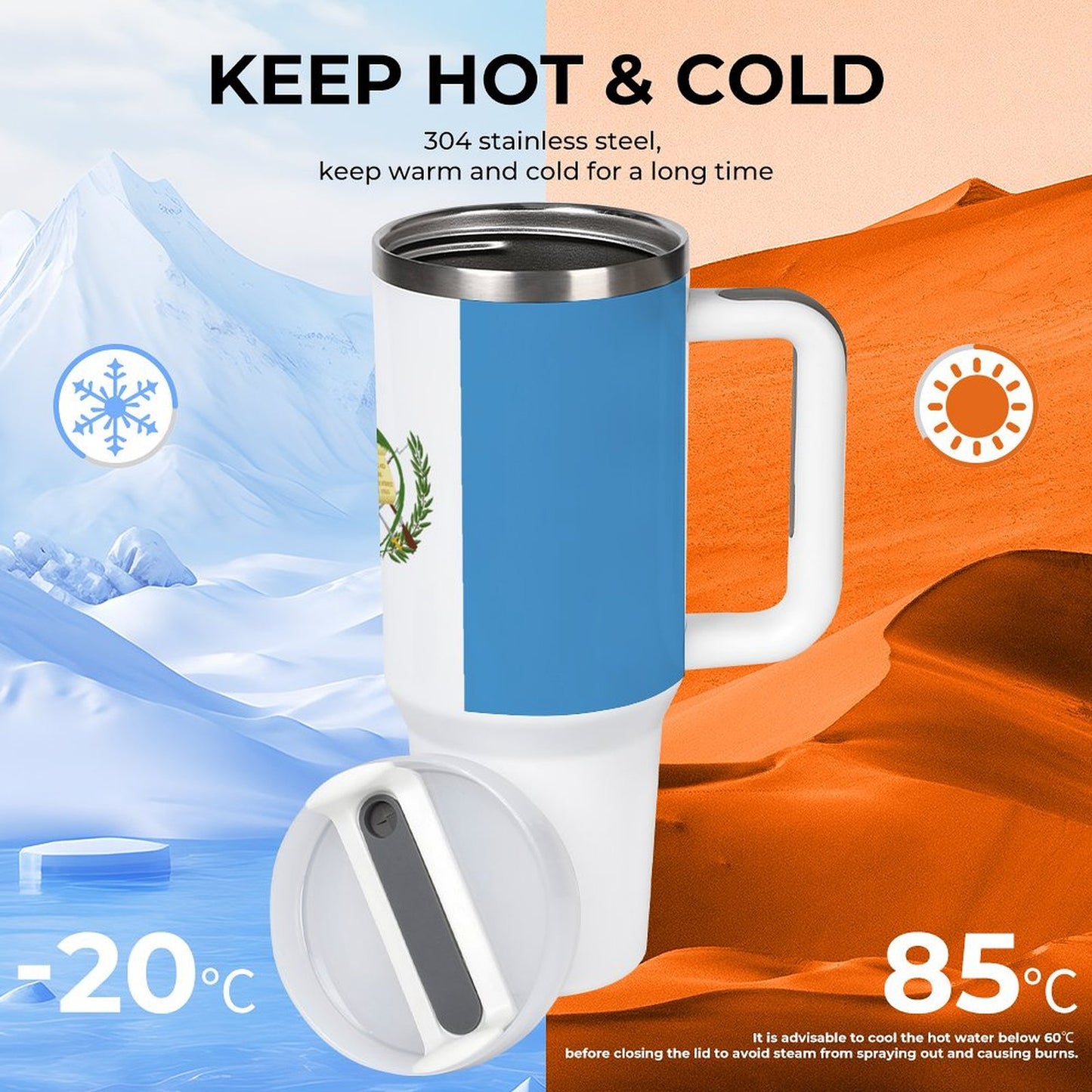 [Brand] mug maintaining temperatures in desert and snowy environments.