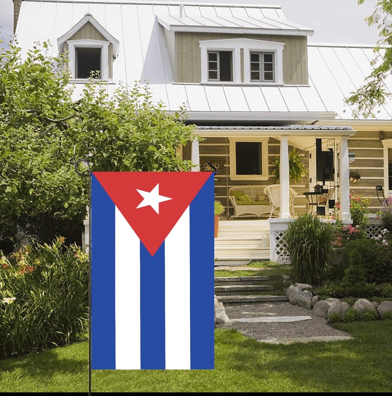 Luv My Flag Cuban flag displayed outside charming white porch.