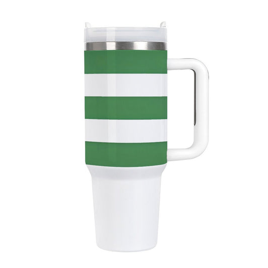 [Brand] travel mug with green and white striped design.