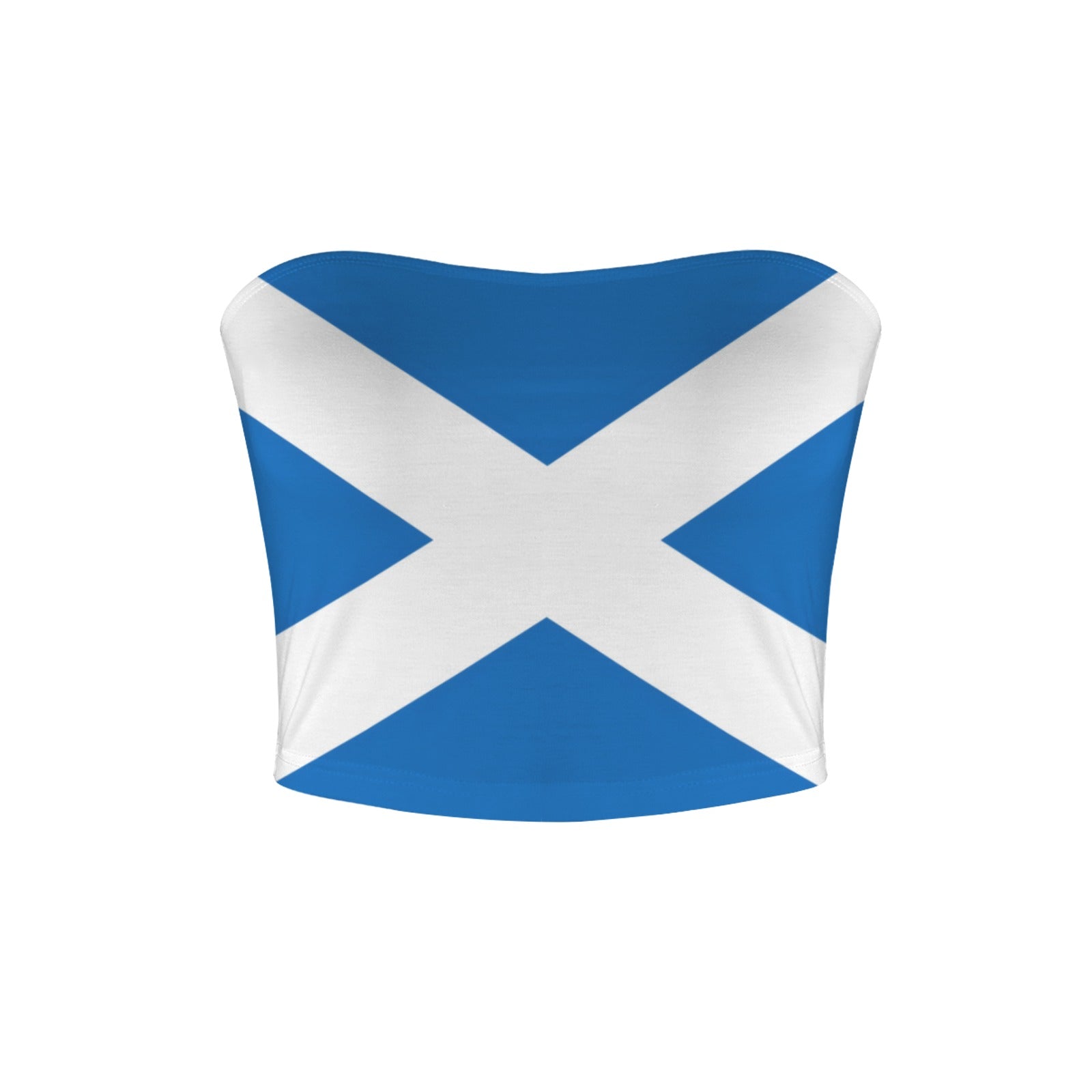[Brand] tube top featuring a bold Scottish flag design.