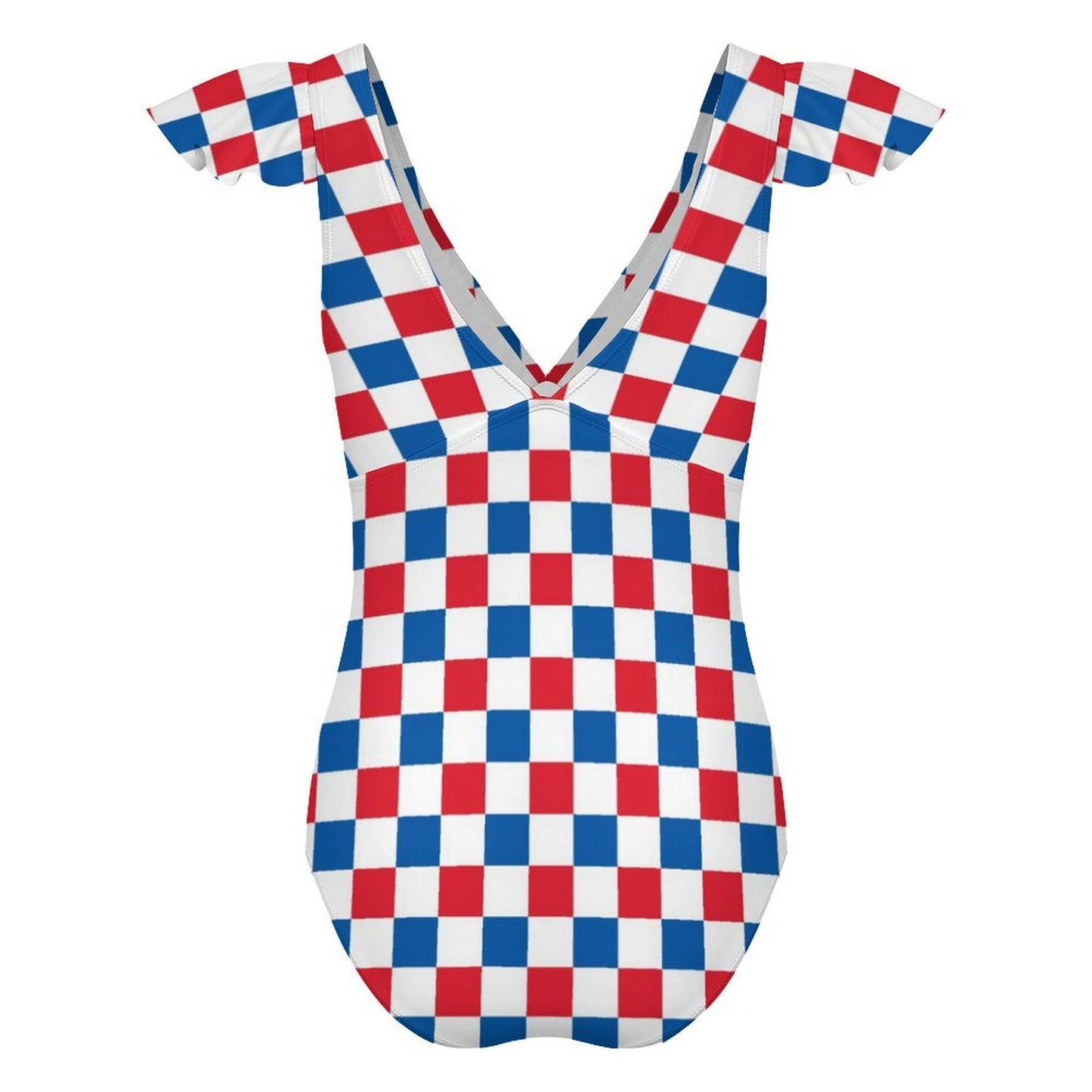 USA/American Flag Inspired Checkered Pattern Women's V-neck Ruffle Sleeve One Piece Swimsuit