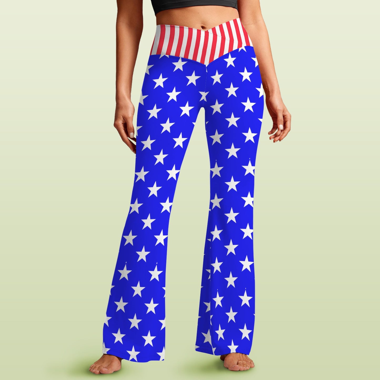 USA/American Flag Inspired Style-2 Women's V-Crossover High Waisted Flare Leggings