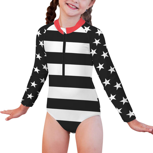 Thin Red Line Flag Little Girls' Long Sleeve One-Piece Swimsuit