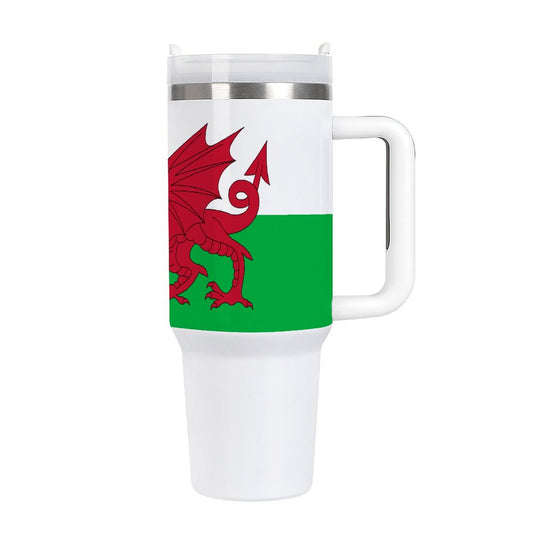[Brand] white travel mug with Welsh dragon flag design.