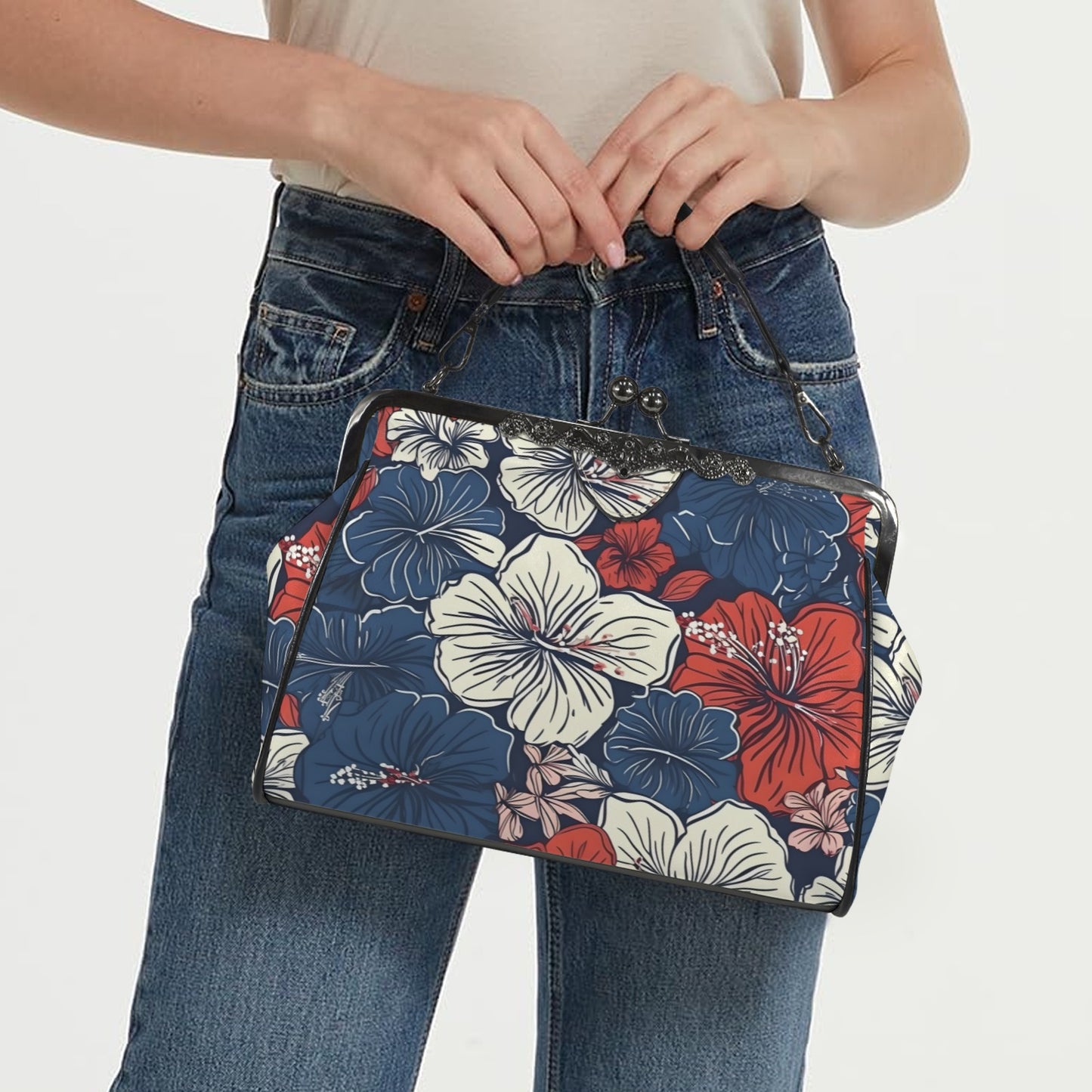 USA/American Flag Inspired Hawaiian Floral Pattern Kisslock Crossbody Shoulder Bag