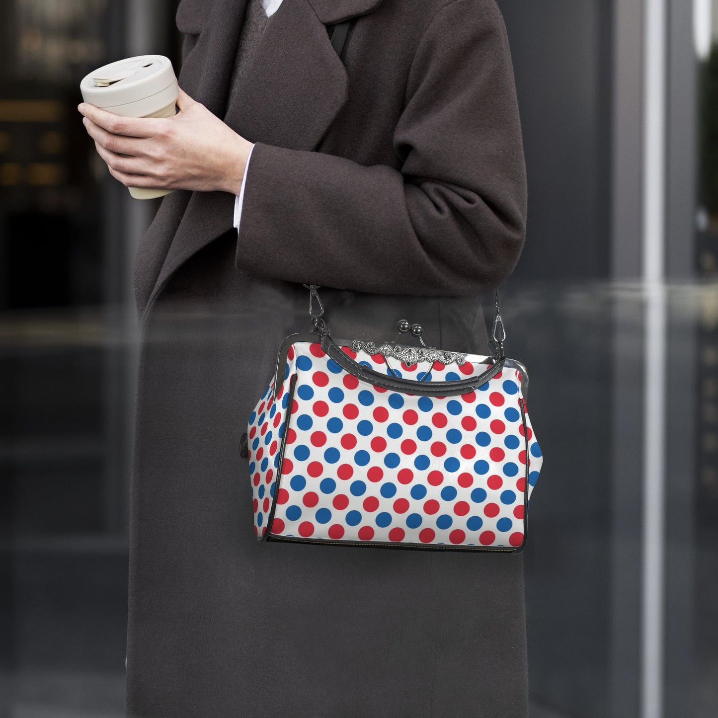 USA/American Flag Inspired Polka Dot Pattern Kisslock Crossbody Shoulder Bag