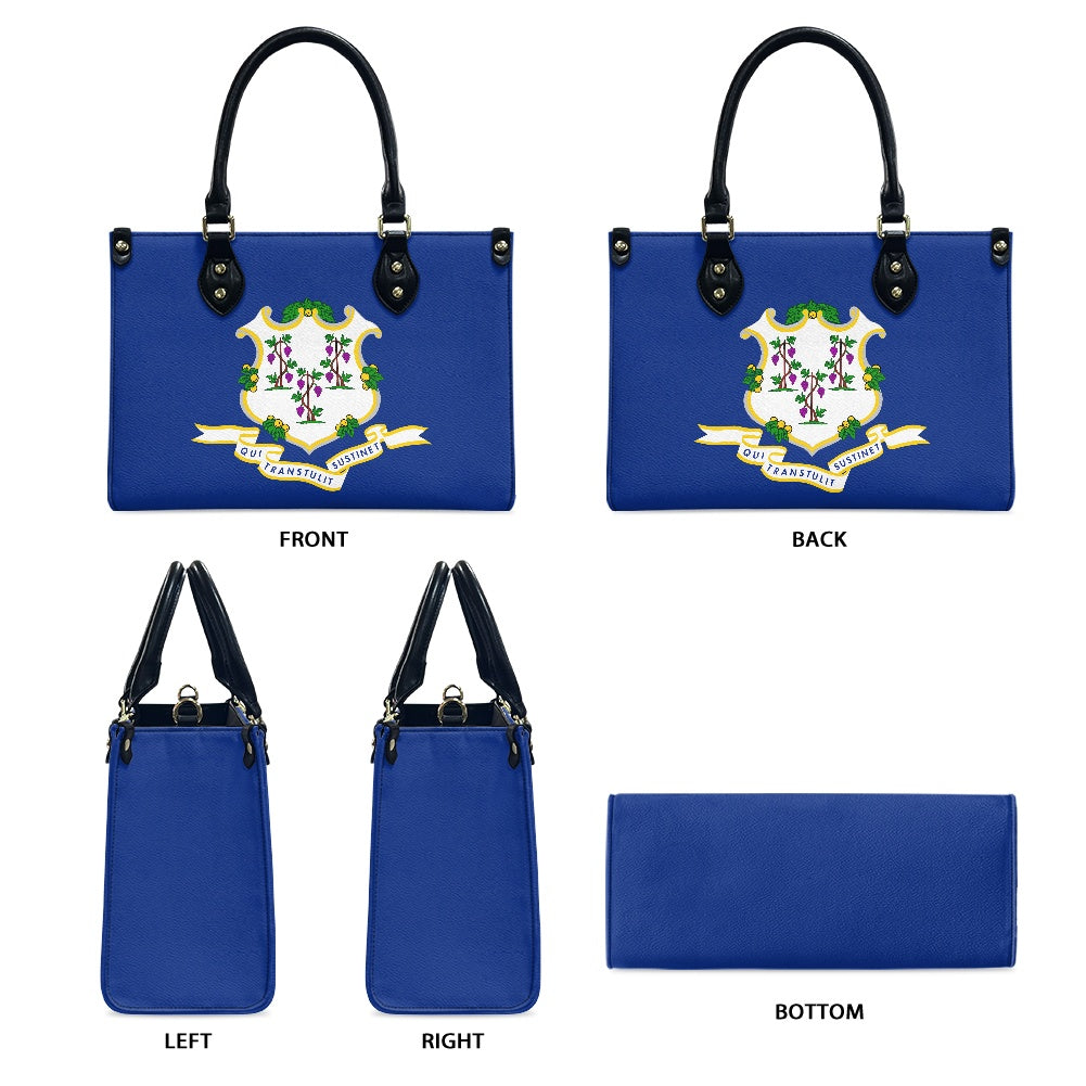 [Brand] blue handbag with crest design, shown from angles.