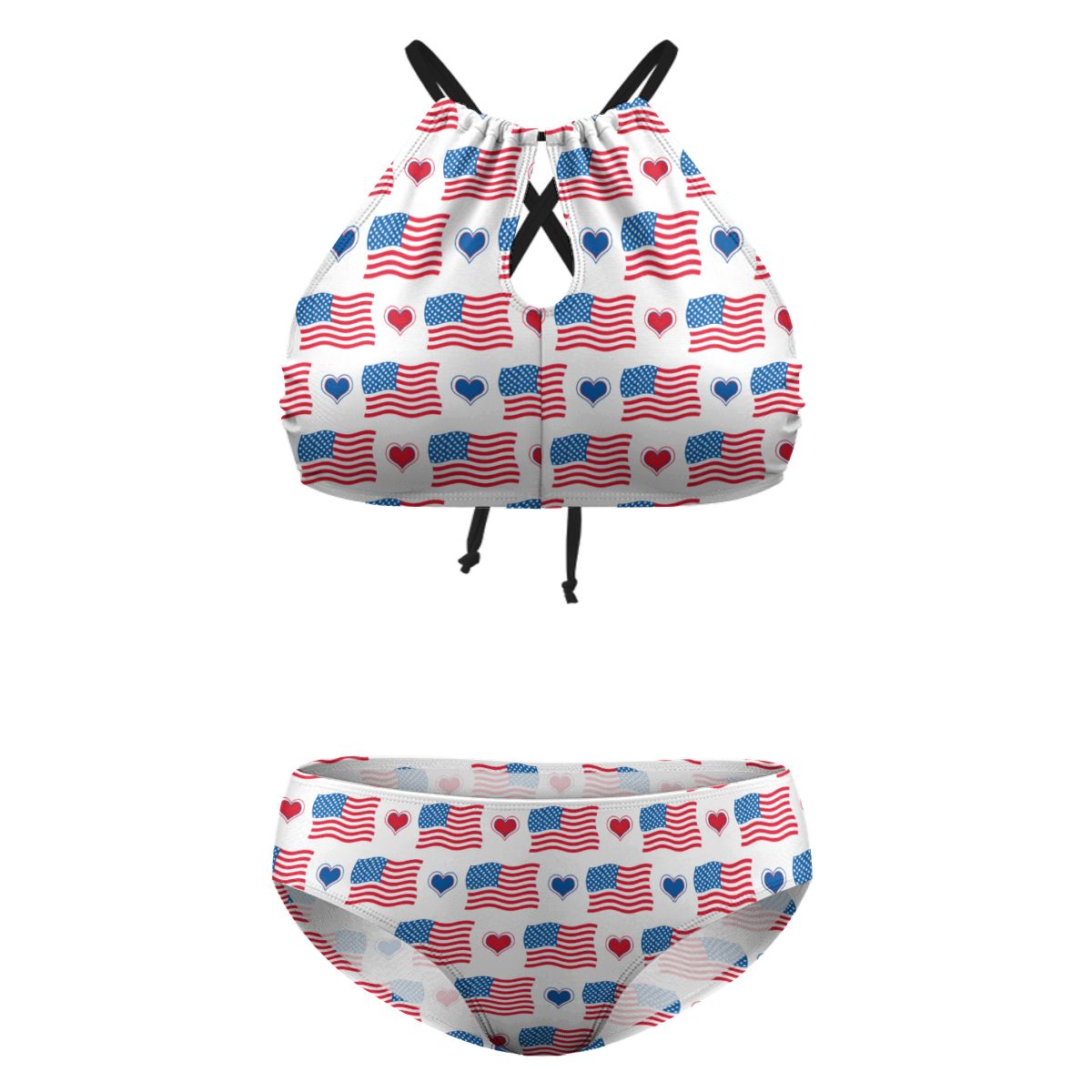 USA/American Flag Inspired Flags and Hearts Pattern Plus Size High Waisted Bikini