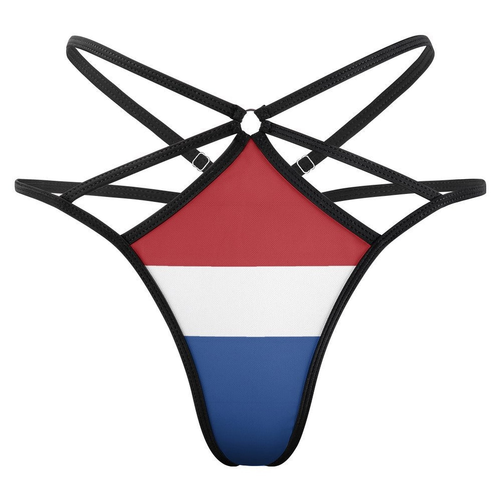 [Brand] thong featuring Dutch flag design and black straps.