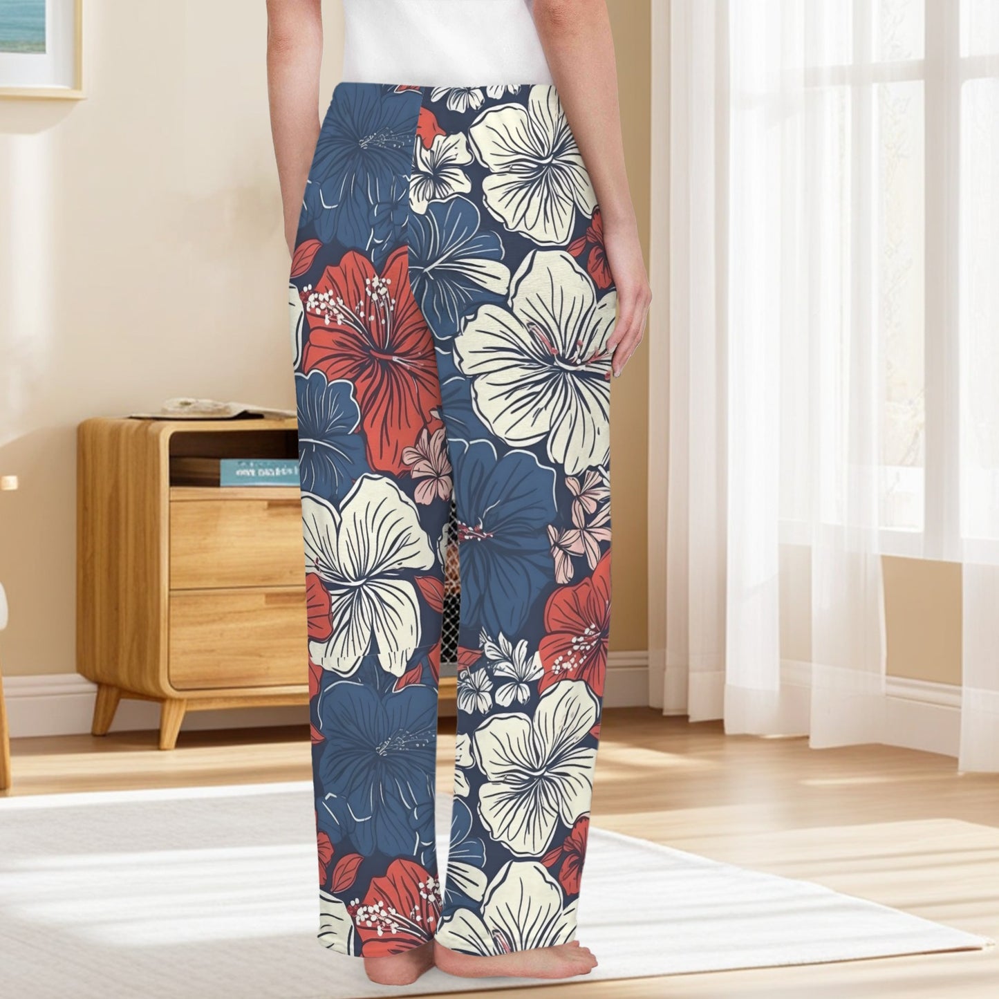USA/American Flag Inspired Hawaiian Floral Pattern Women's Flannel Pajama Trousers Made in the USA