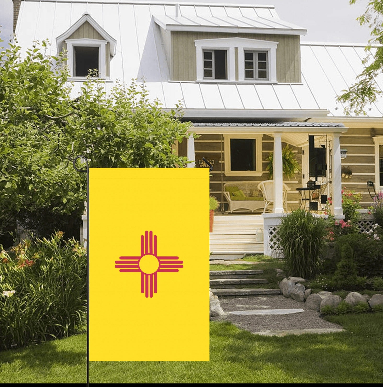 Front yard with Luv My Flag, rustic house background.
