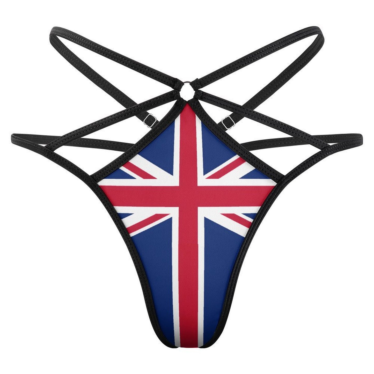 [Brand] Union Jack design thong bikini with black straps.
