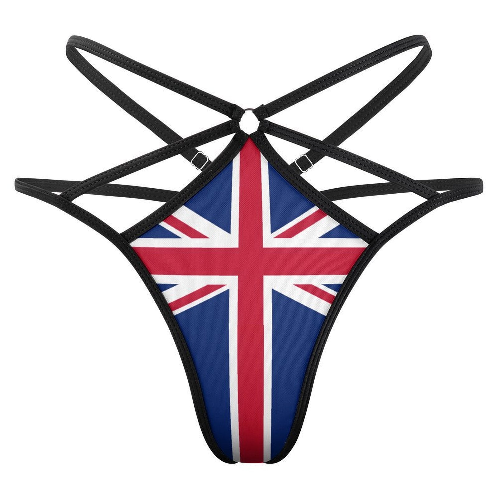 [Brand] Union Jack design thong bikini with black straps.
