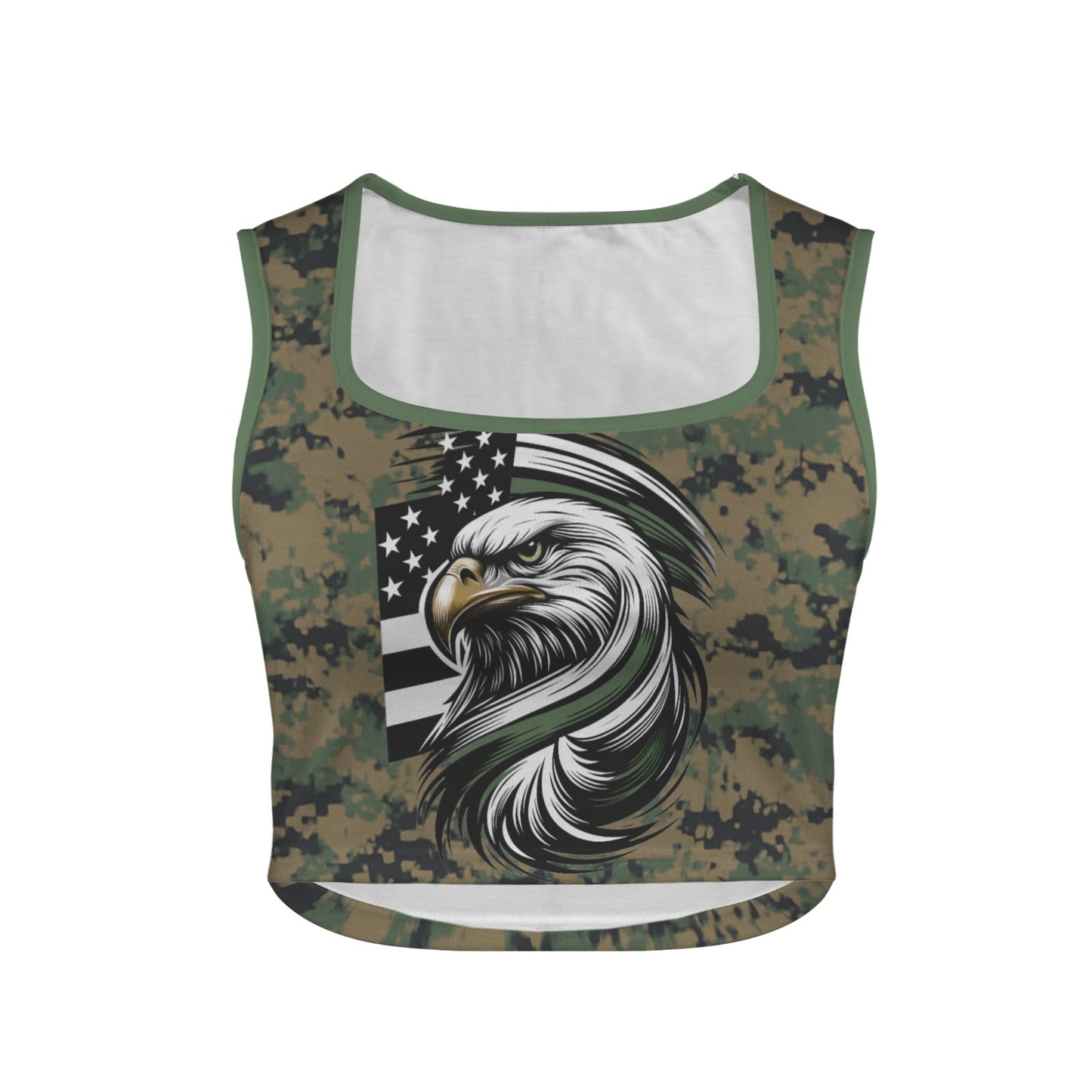Thin Green Line Flag Inspired Eagle on Digital Camo Square Neck Crop Tank Tops