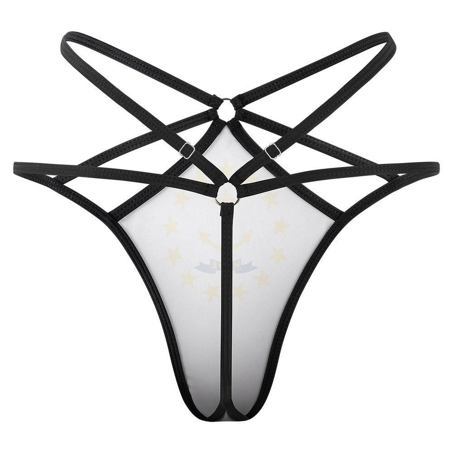 [Brand] black strappy lingerie with geometric design and rings.