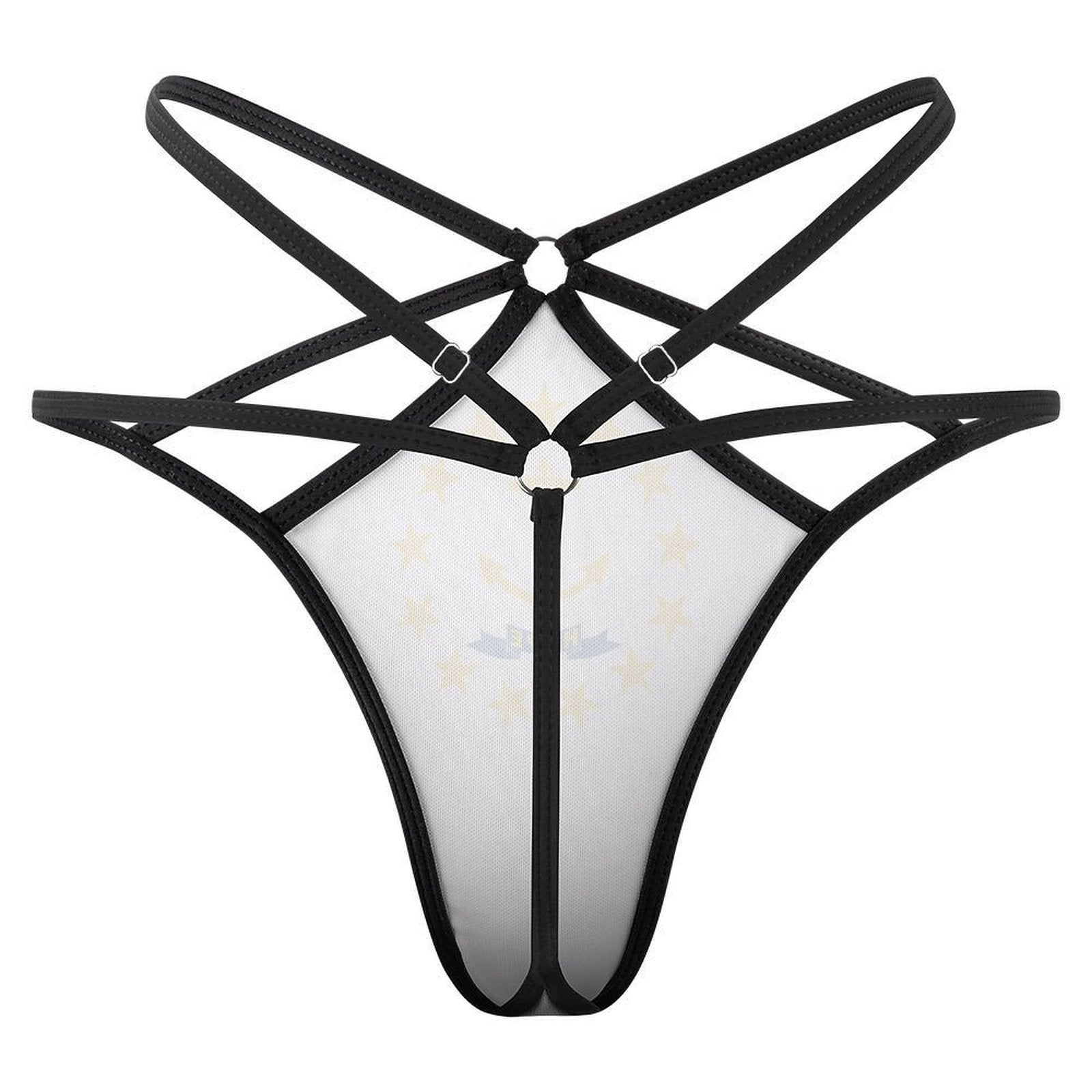 [Brand] black strappy lingerie with geometric design and rings.