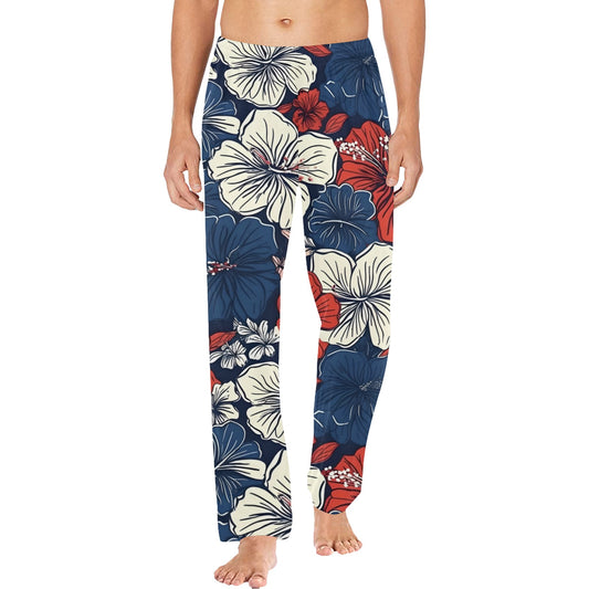 USA/American Flag Inspired Hawaiian Floral Pattern Men’s Pajama Trousers with Pockets (Made in the USA)