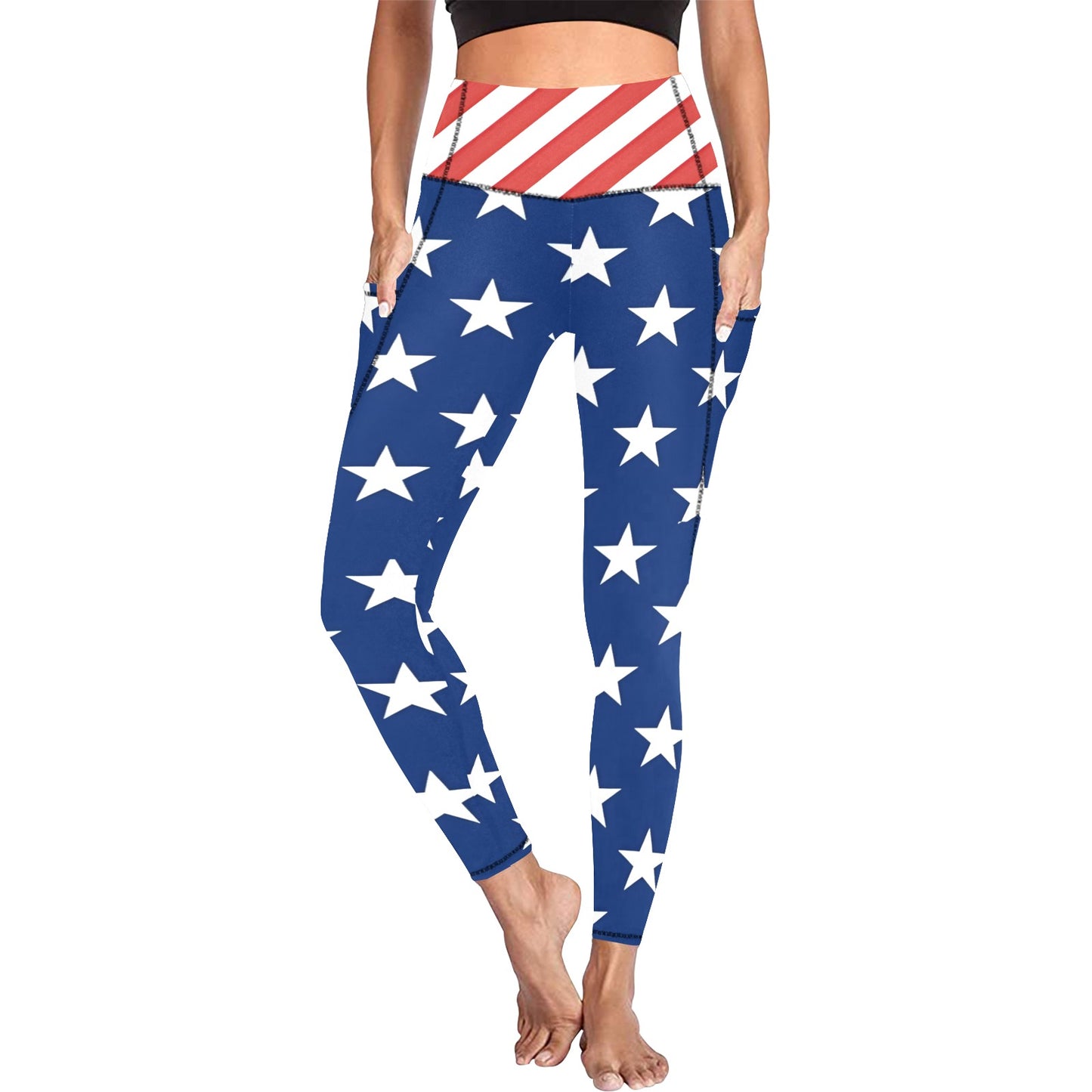 Leggings with American flag pattern worn by a person on a white background