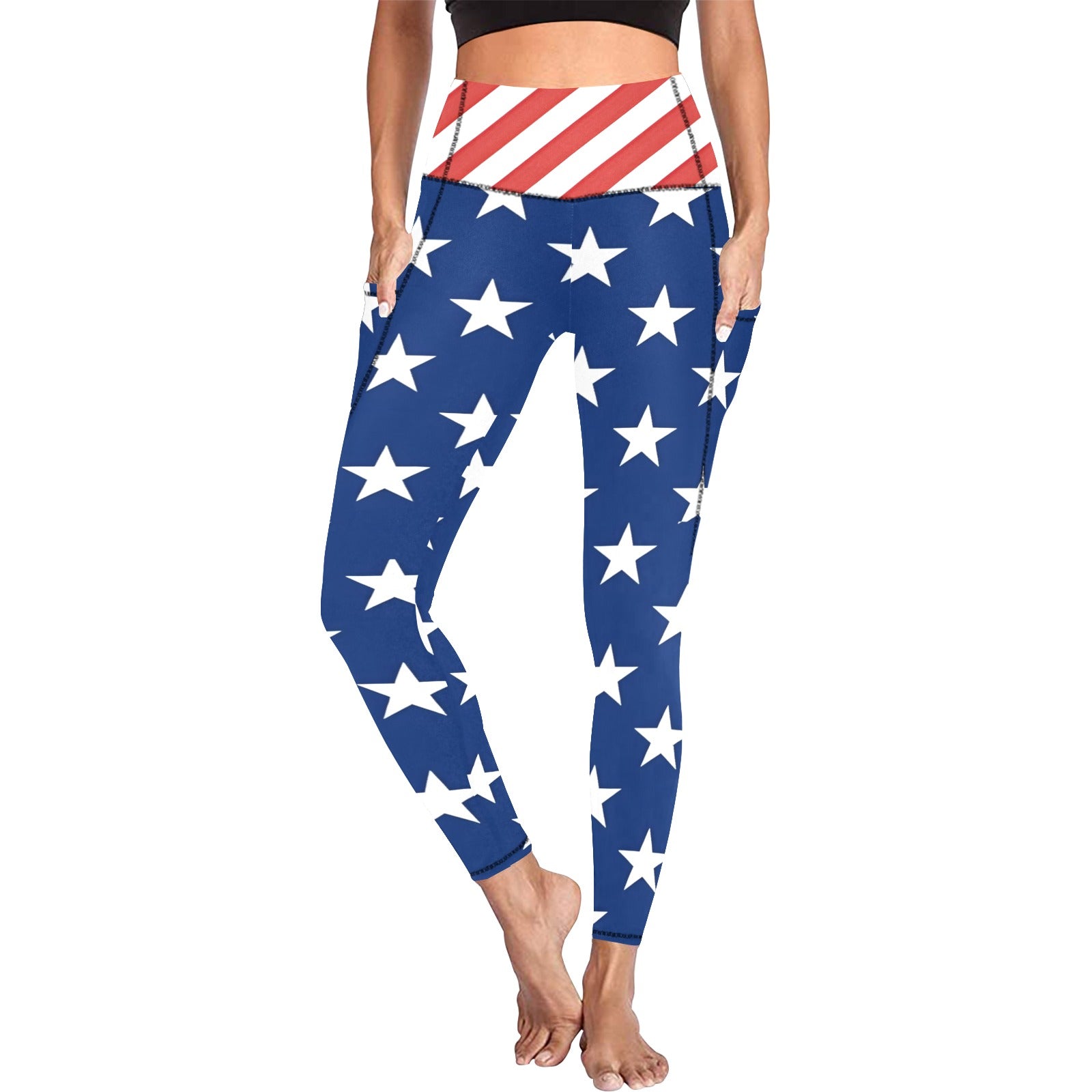 Leggings with American flag pattern worn by a person on a white background
