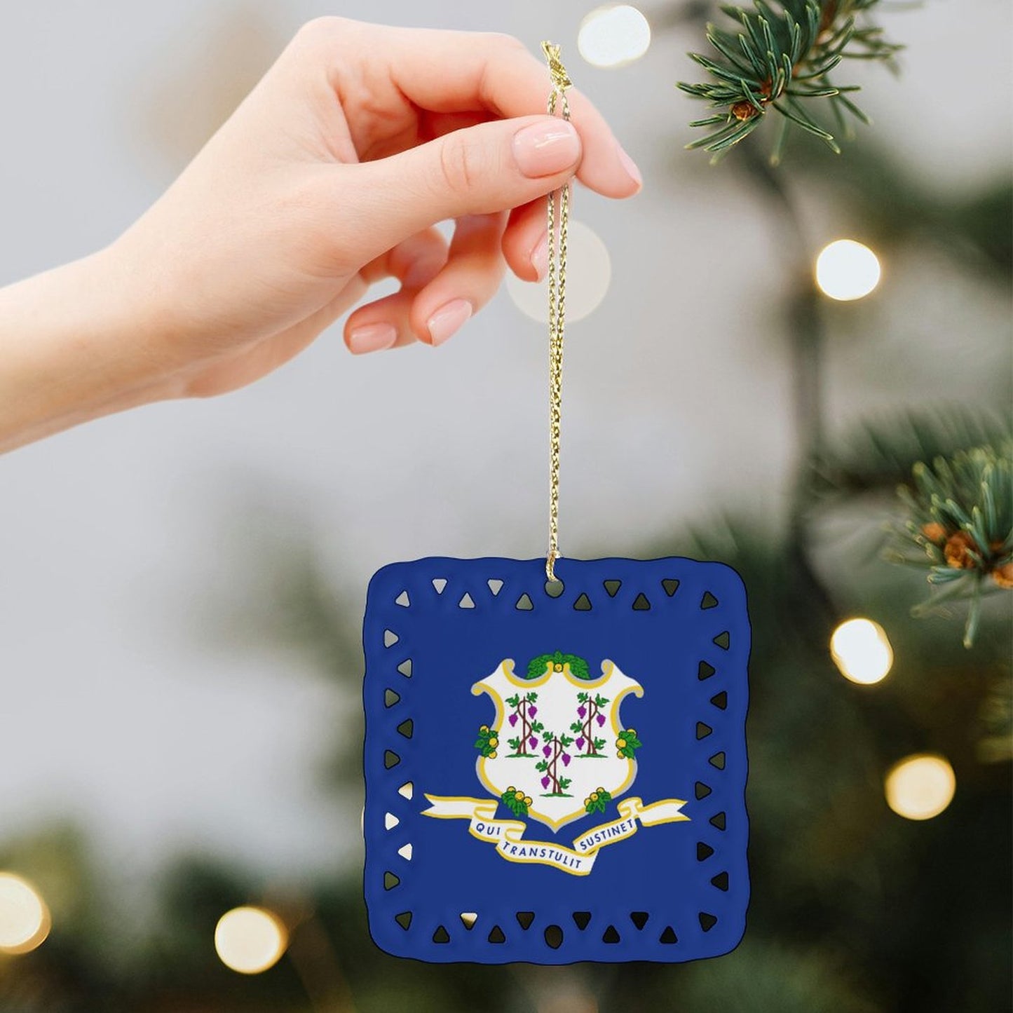 Connecticut Flag Inspired Square Ceramic Ornament Made in the USA