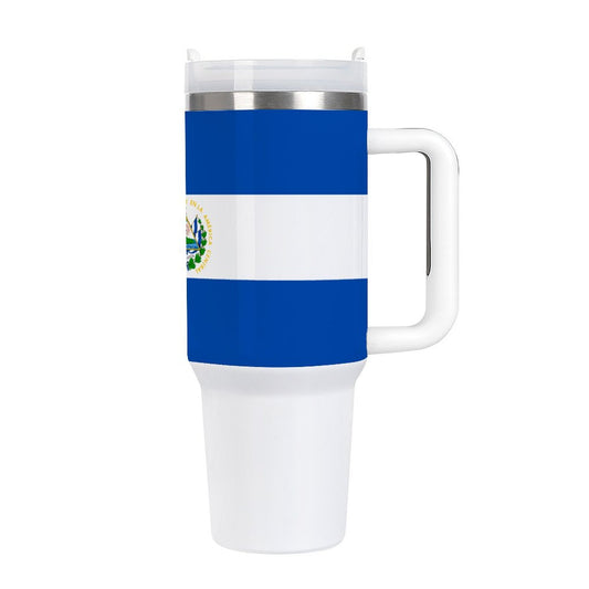 [Brand] blue and white travel mug with handle, emblem featured.
