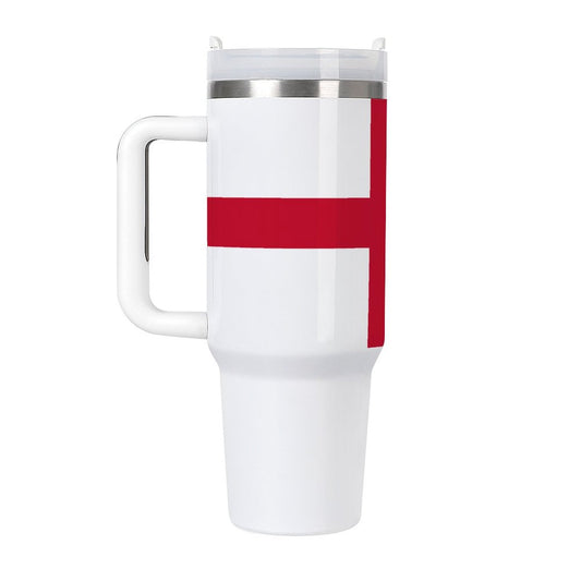 [Brand] travel mug with England flag design and handle.